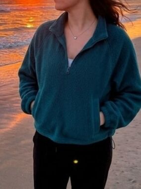 Old Navy Forest Green Quarter-Zip Cropped Teddy Fleece Pullover (S) Cozy Layer